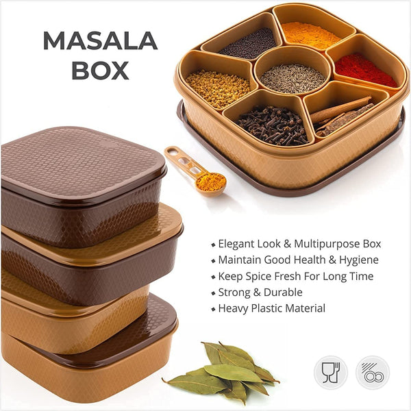 JDX Plastic Square 7 Sections Multipurpose Masala Rangoli Dabba Box Set, Spice Box Set - Brown (Masala Box - 7 in 1)