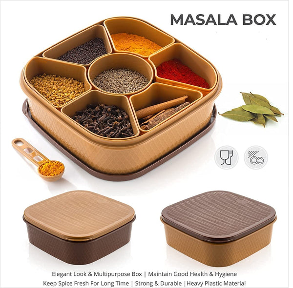 JDX Plastic Square 7 Sections Multipurpose Masala Rangoli Dabba Box Set, Spice Box Set - Brown (Masala Box - 7 in 1)