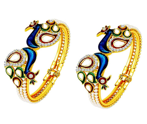 Traditional Pearl Gold Plated Peacock Design Bangle Set For Girl and Women