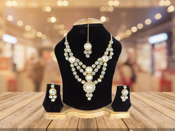 Fancy White Beads and Crystel Studded Necklace Set for Women and Girls