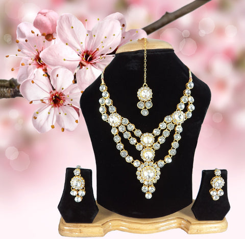 Fancy White Beads and Crystel Studded Necklace Set for Women and Girls