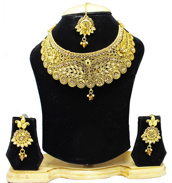 Gold Plated Traditional Necklace Set With Earring & Mang Tika for Girls & Women