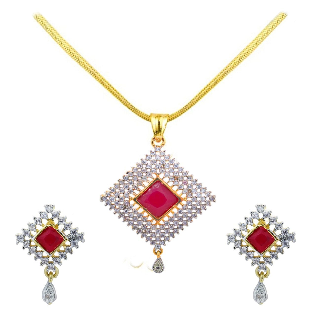 Square Design Red American Stone Studded Necklace Set with Earring For Women and Girls