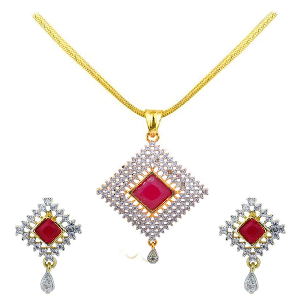 Square Design Red American Stone Studded Necklace Set with Earring For Women and Girls