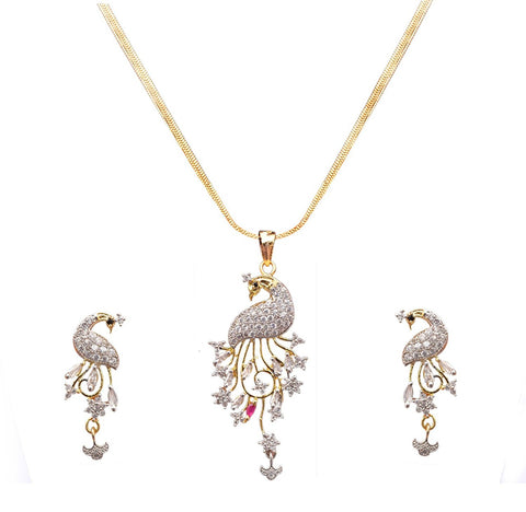 Gold Plated Ameican Diammond Beautiful Peacock Shape Pendant With Earrings Set for Women and Girls