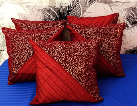 Decorative Silk Art Set of 5 Cushion Cover (Red, 16 x 16)