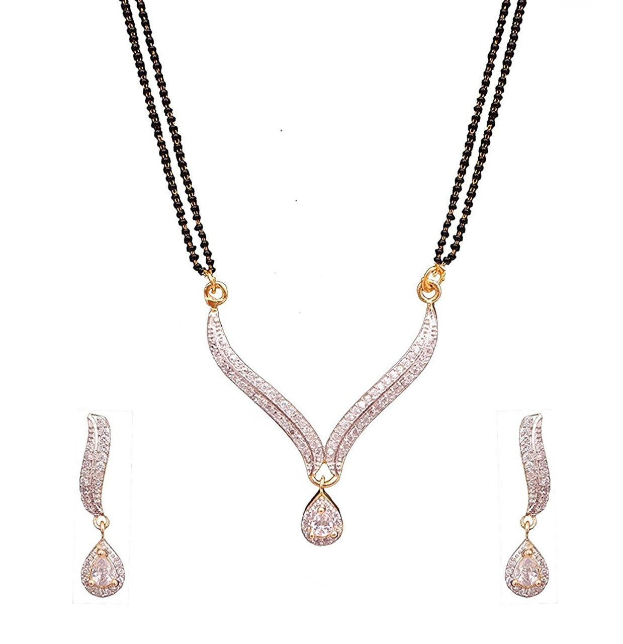 Stylish Gold Plated American Diamond Studd Mangalsutra with Earrings for Women