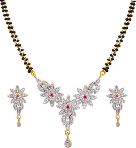 Fashionable Gold Plated American Diamond Antique Mangalsutra with Earring for Women